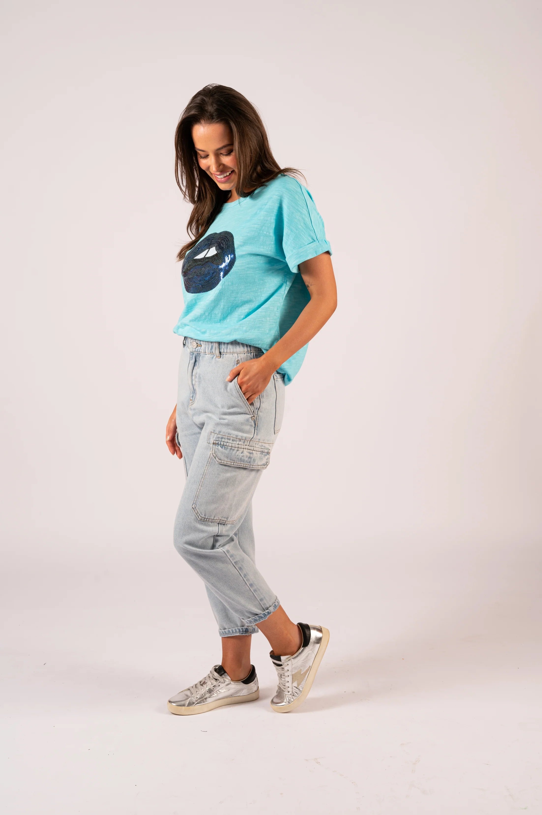 Jade Relaxed Tee - Soft Blue Sequin Lips