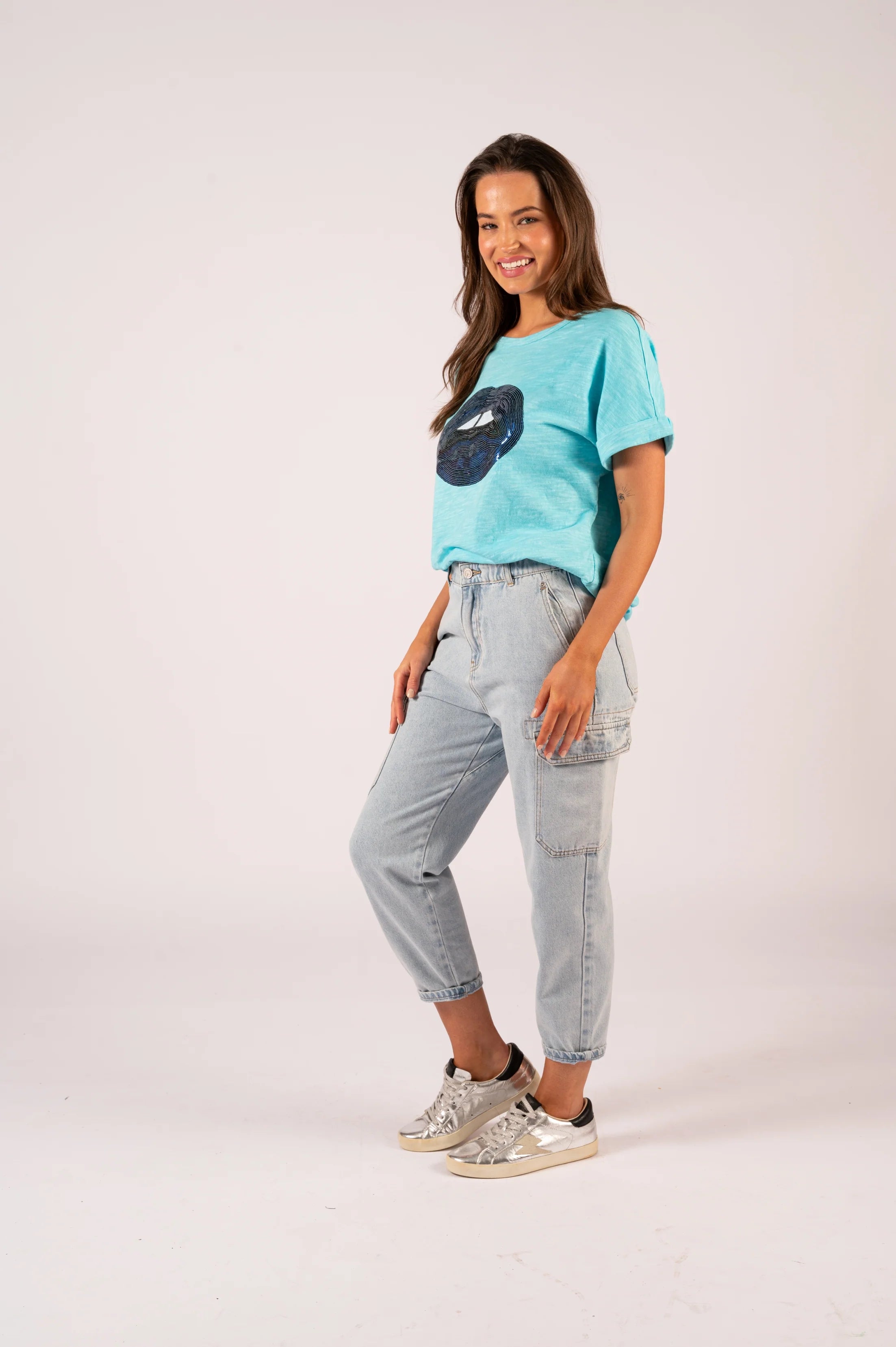 Jade Relaxed Tee - Soft Blue Sequin Lips