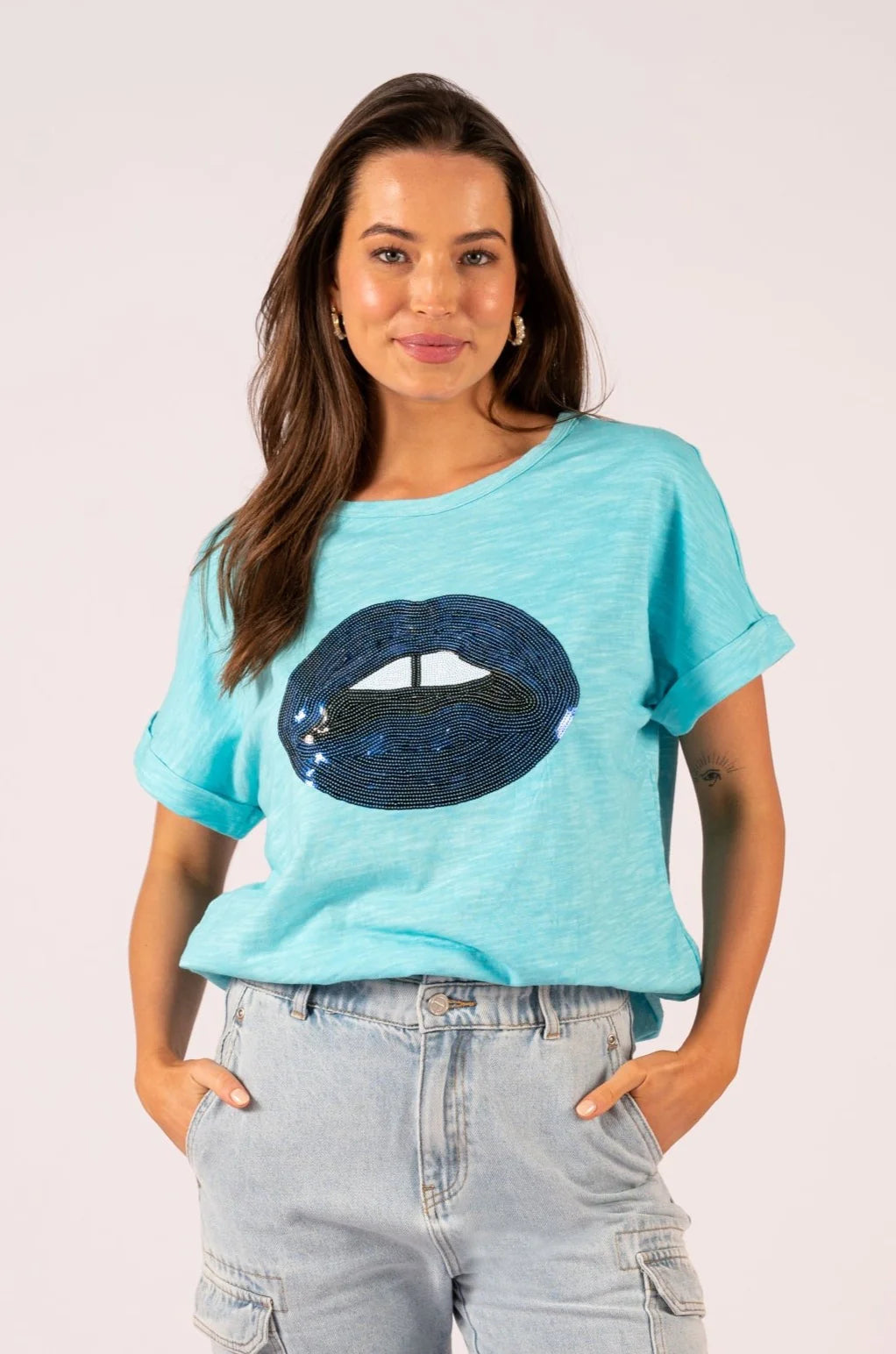 Jade Relaxed Tee - Soft Blue Sequin Lips